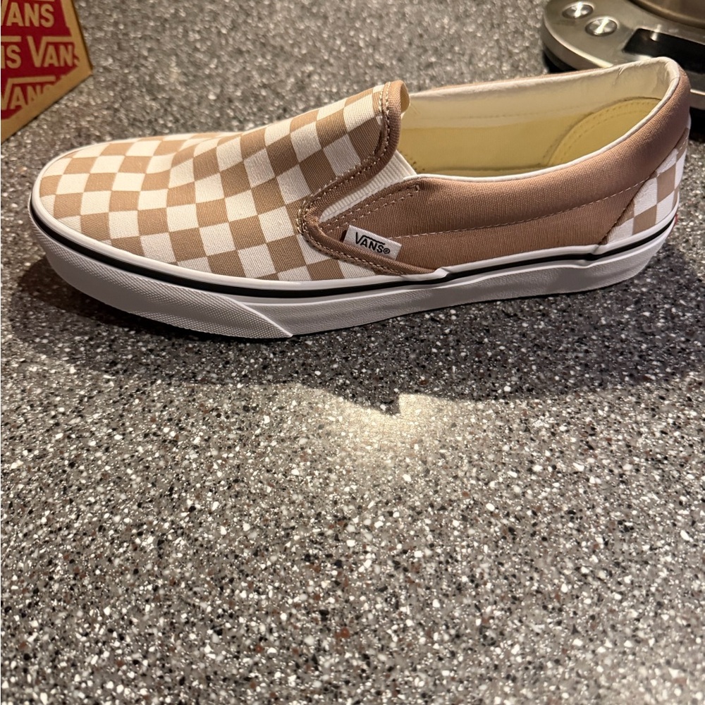 Vans Brown and White Checkered Slip-On Sneakers